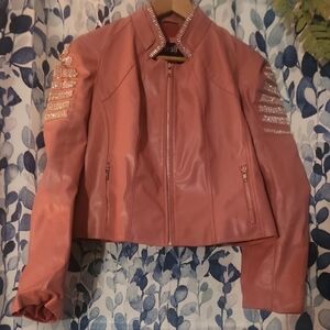 Flesh & Hide Pink Faux Leather Rhinestone Embellished Custom Biker Jacket Womens